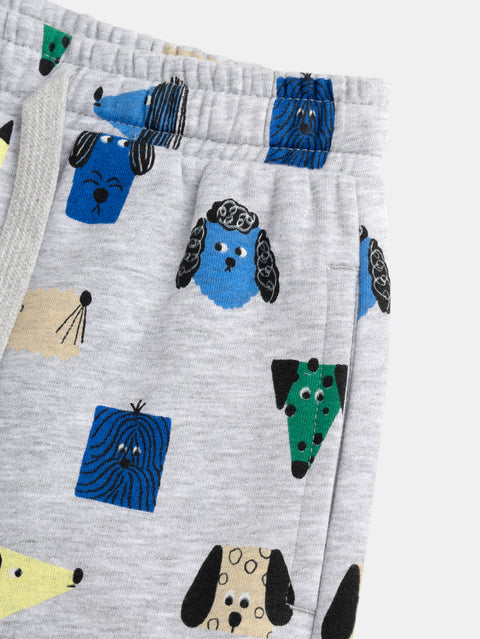 Grey Dog Print Cotton Fleece Joggers