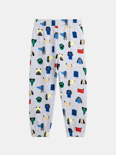 Grey Dog Print Cotton Fleece Joggers