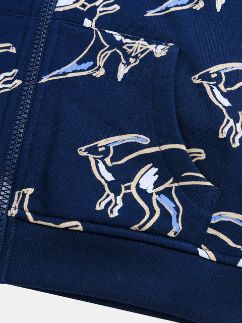 Navy Dinosaur Print Cotton Fleece Hoodie