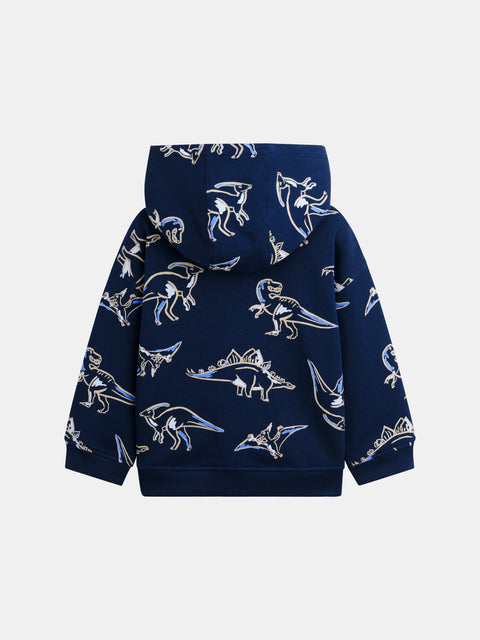 Navy Dinosaur Print Cotton Fleece Hoodie