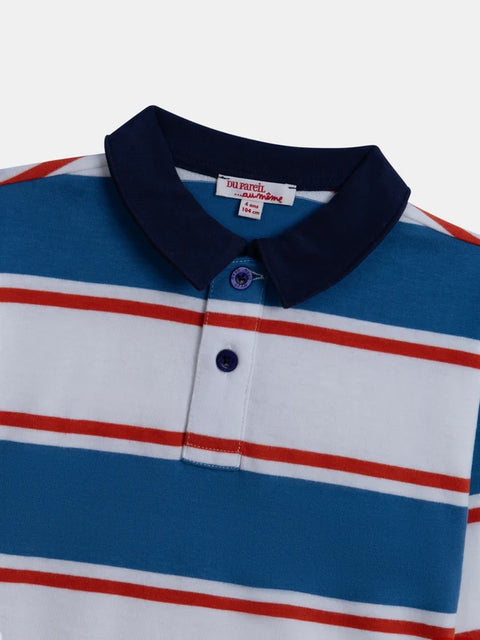 Blue Red & Off White Stripe Cotton Polo Shirt