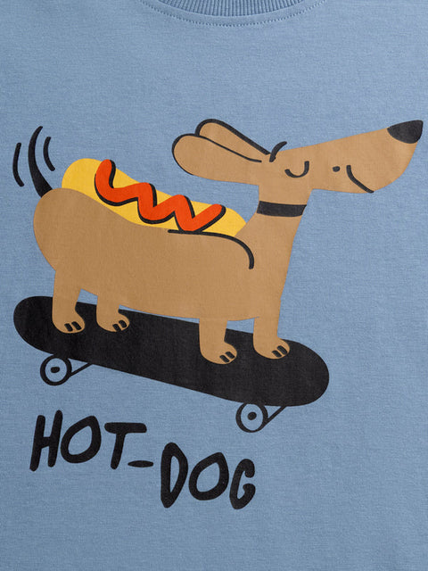 Blue Dog Print Cotton T-shirt