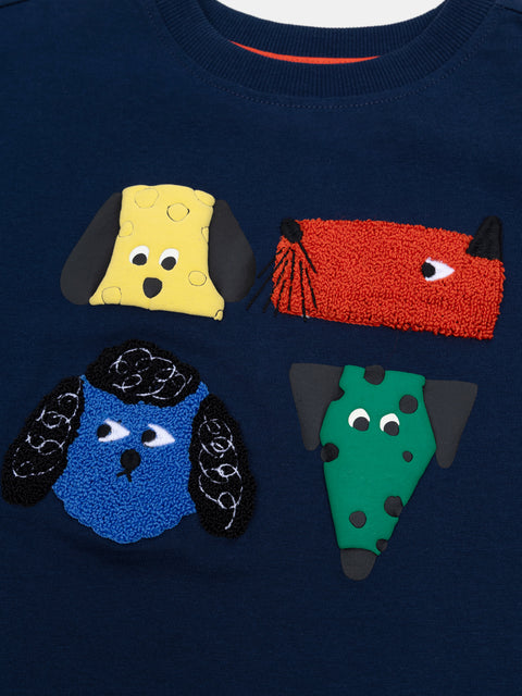 Navy Cat & Dog Print Cotton T-shirt