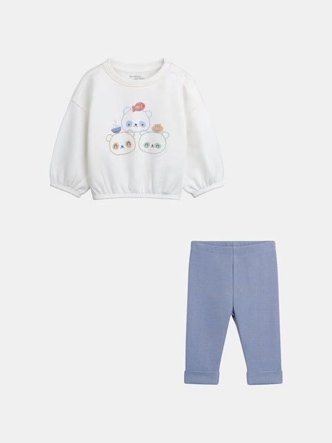 Newborn Print Cotton Fleece Sweatshirt With Matching Blue Ribbed Leggings