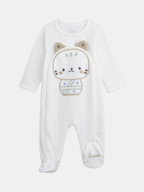 Newborn Cat Applique Velour Sleepsuit