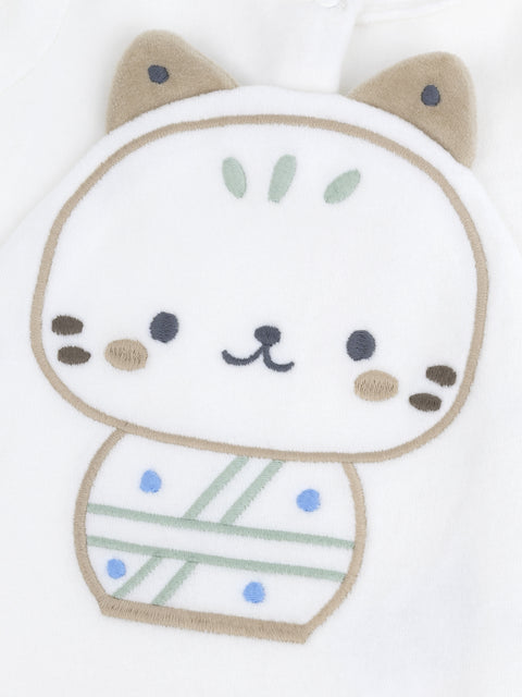 Newborn Cat Applique Velour Sleepsuit