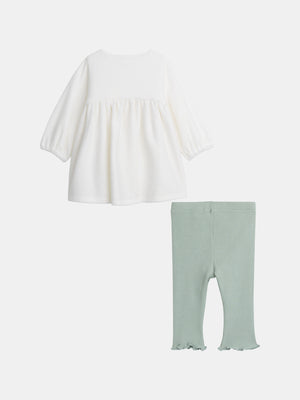 Newborn Off White Printed Velour Dress With Green Leggings