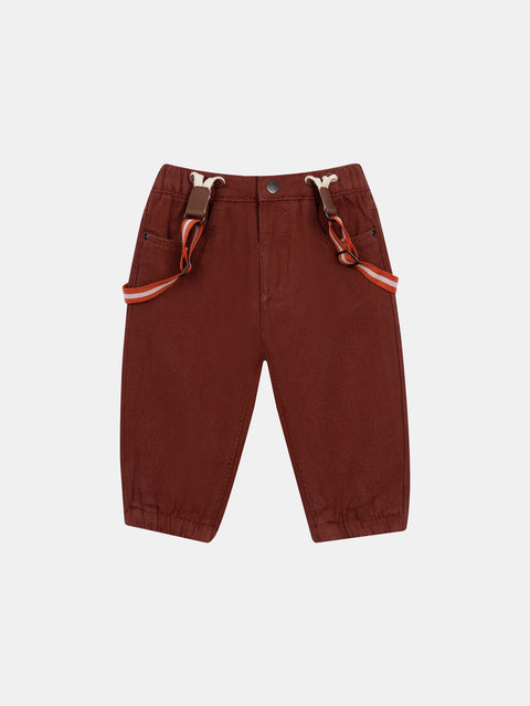 Lined Burgundy Cotton Twill Trousers With Braces