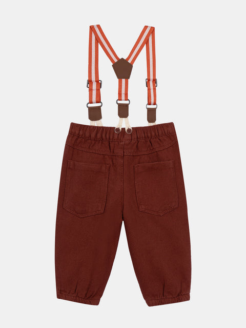 Lined Burgundy Cotton Twill Trousers With Braces