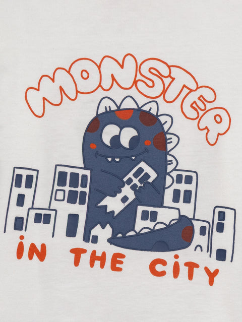 Cream Monster Print Cotton T-shirt