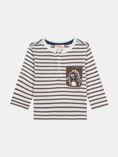 Striped Cotton Button Neck T-shirt