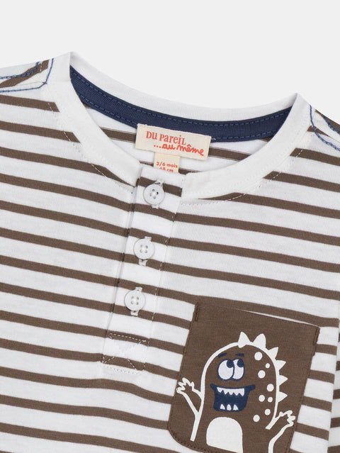 Striped Cotton Button Neck T-shirt
