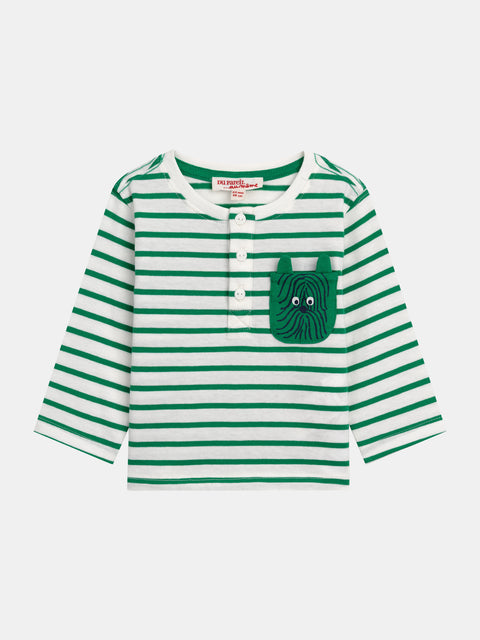Green Stripe Button Neck Cotton T-shirt