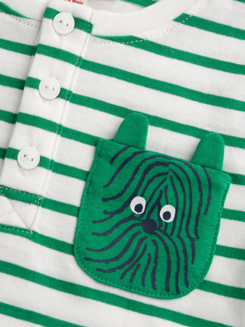 Green Stripe Button Neck Cotton T-shirt