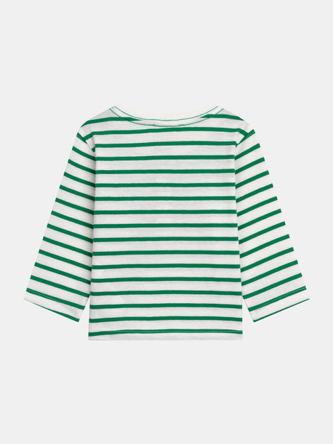 Green Stripe Button Neck Cotton T-shirt