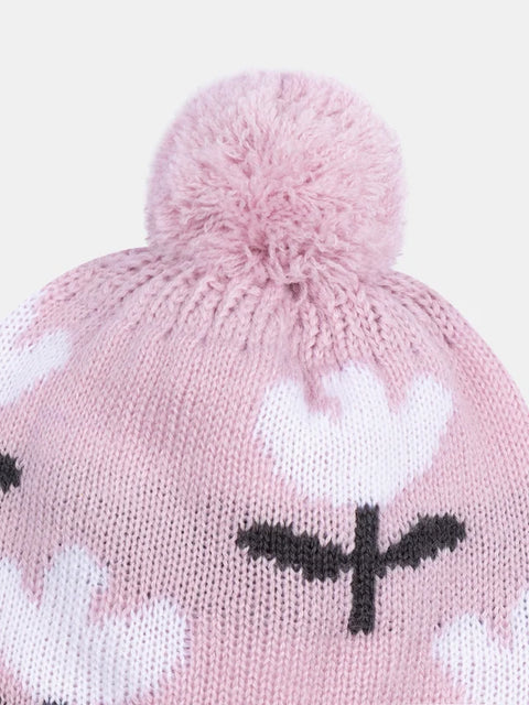 Pink Micropolar Lined Floral Pattern Hat With Bobble