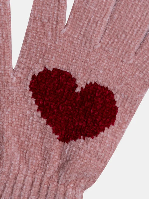 Pink Heart Pattern Chenille Gloves