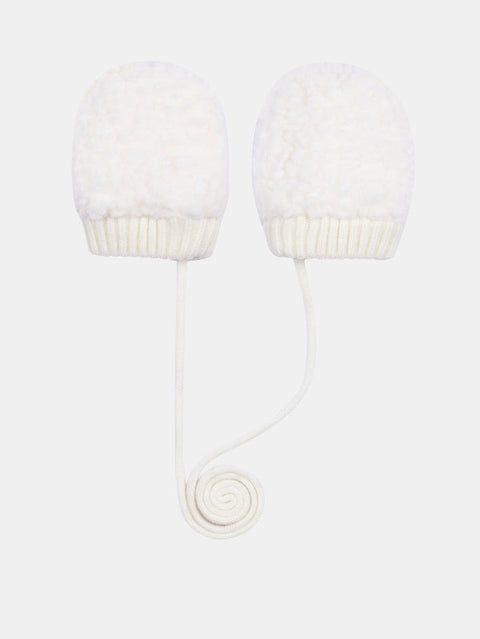 Off White Micropolar Lined Mittens With Ties