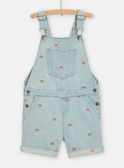 Rainbow Embroidered Pale Denim Dungaree Shorts