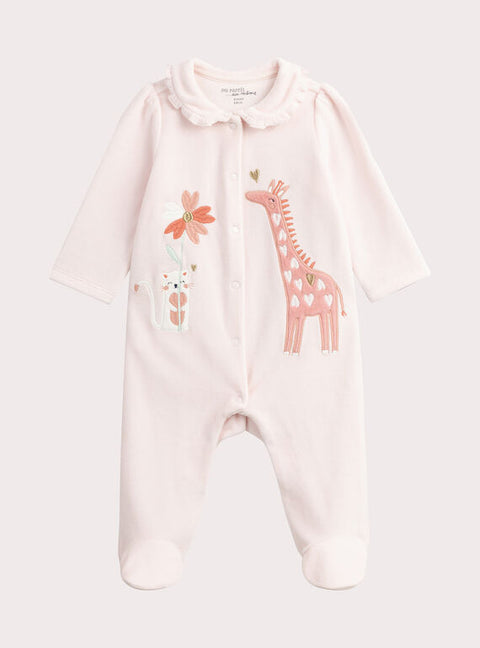 Pink Velour Giraffe Applique Sleepsuit