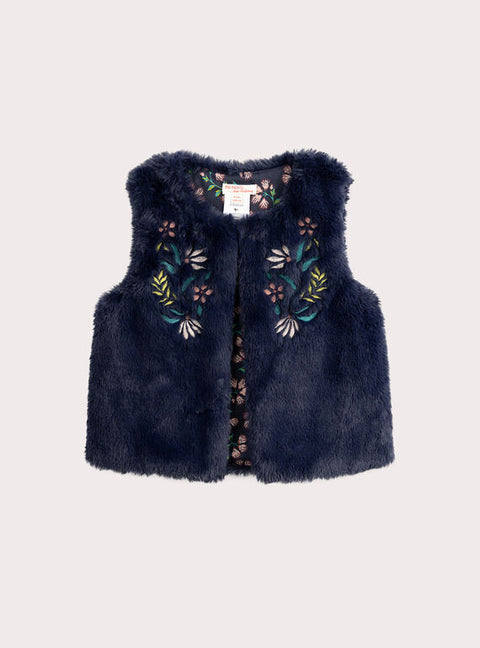 Navy Faux Fur Gilet With Floral Embroidery