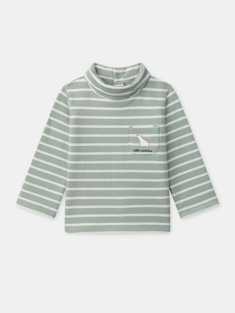 Green Striped Cotton Polo Neck