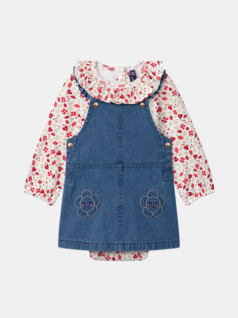 Denim Dress With Floral Print Bodysuit