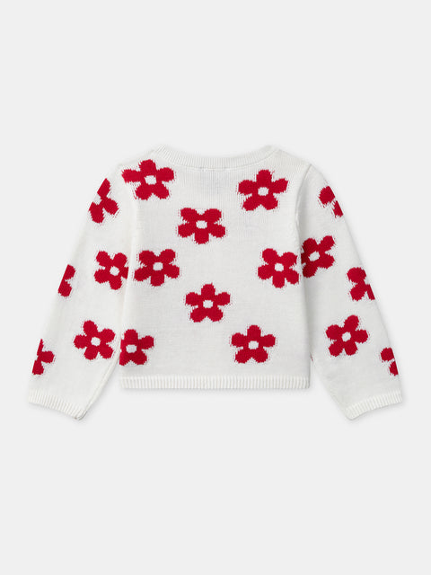 Cream Cotton Cardigan With Flower Applique