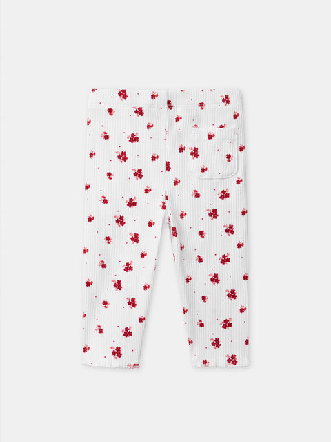 Ribbed Cream Floral Print Cotton Leggings