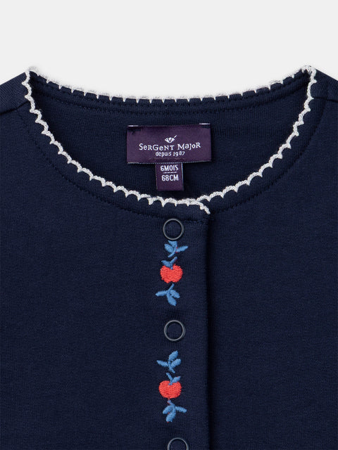 Navy Embroidered Cotton Fleece Cardigan