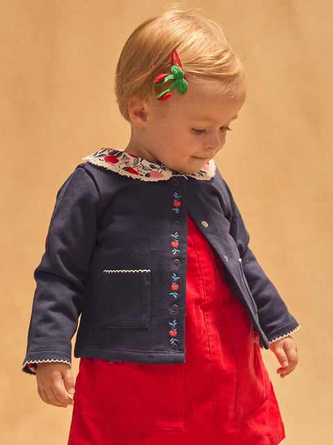 Navy Embroidered Cotton Fleece Cardigan