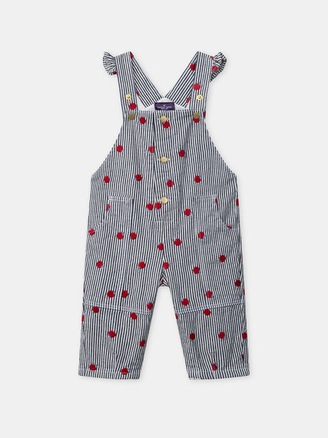 Striped Apple Embroidery Cotton Dungarees