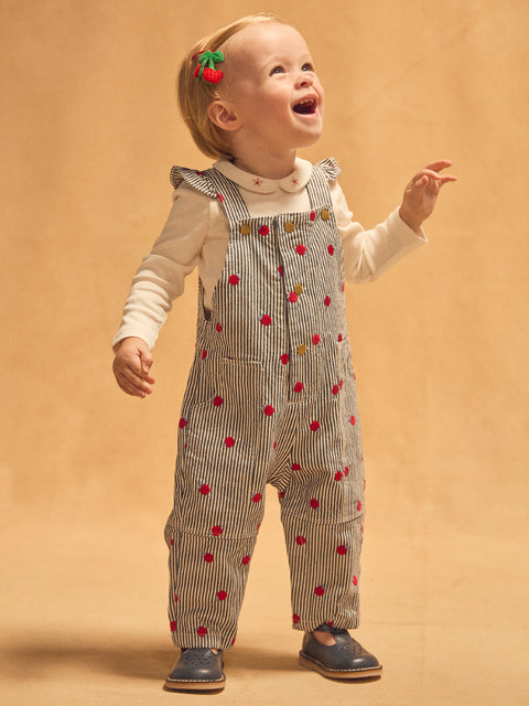 Striped Apple Embroidery Cotton Dungarees