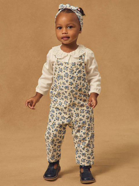 Lined Blue Floral Print Corduroy Dungarees