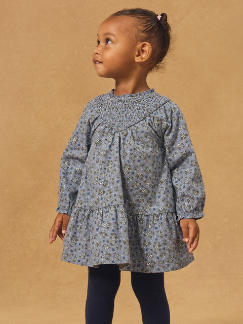 Lined Blue Floral Print Cotton Dress