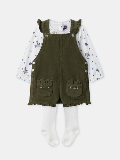 Green Corduroy Dungarees With Matching Bodysuit & Cream Tights