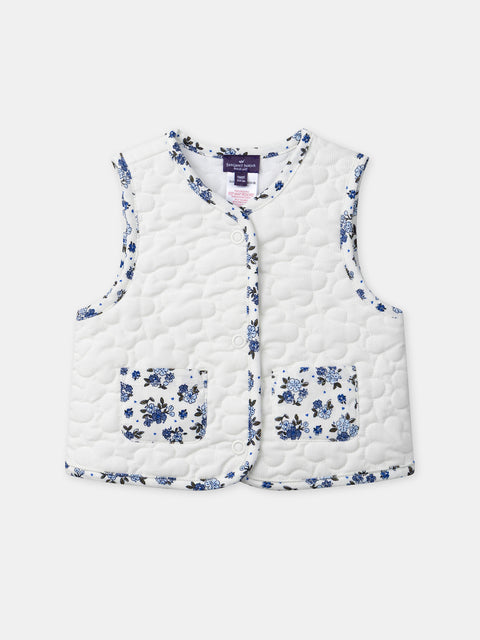 White Floral Print Quilted Corduroy Gilet