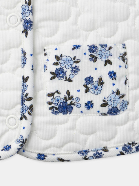 White Floral Print Quilted Corduroy Gilet
