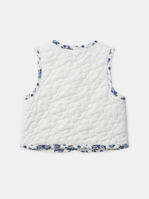 White Floral Print Quilted Corduroy Gilet