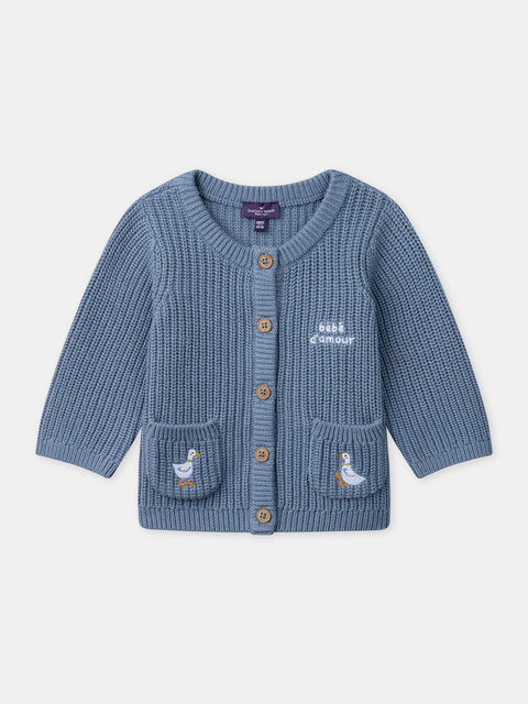 Blue Knitted Cardigan With Duck Motif