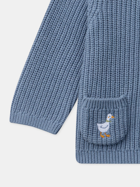 Blue Knitted Cardigan With Duck Motif