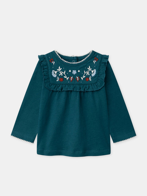 Blue Embroidered Cotton Jersey T-shirt