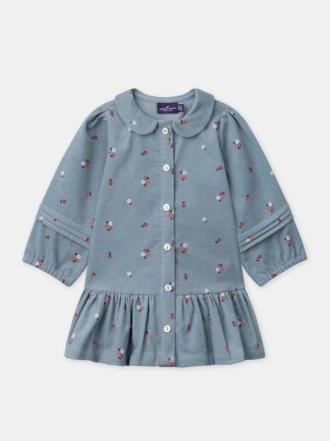 Blue Grey Floral Print Cotton Dress