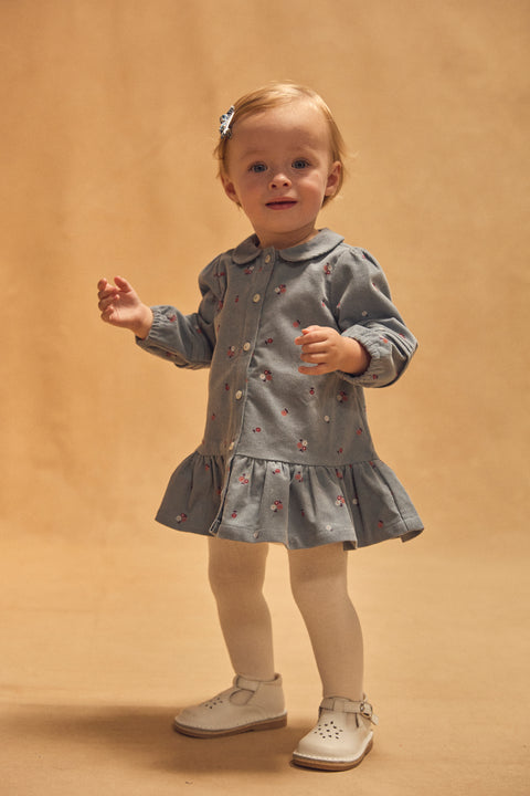 Blue Grey Floral Print Cotton Dress