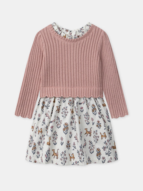 Pink Knit Dress With Printed Fabric Skirt