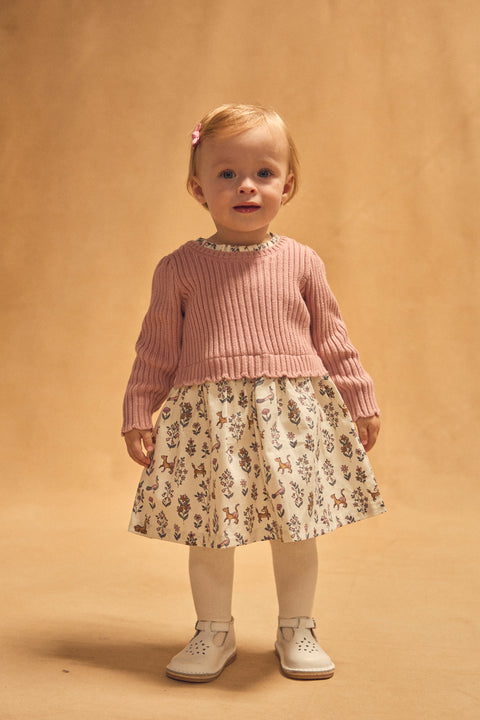 Pink Knit Dress With Printed Fabric Skirt