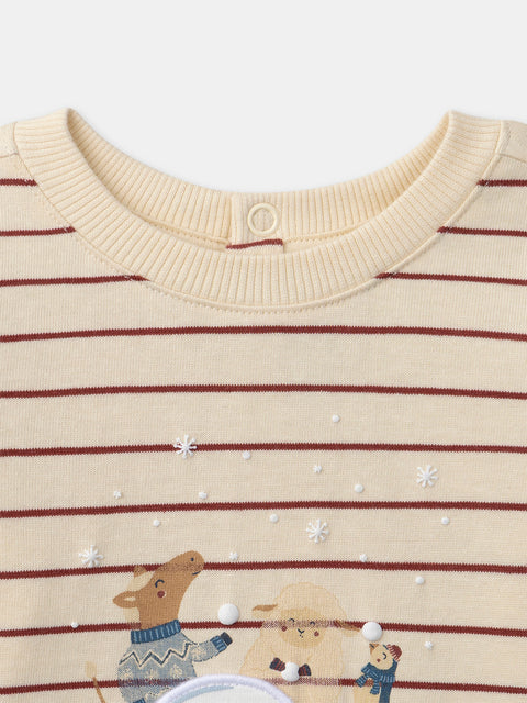 Cream & Brick Red Striped Cotton T-shirt
