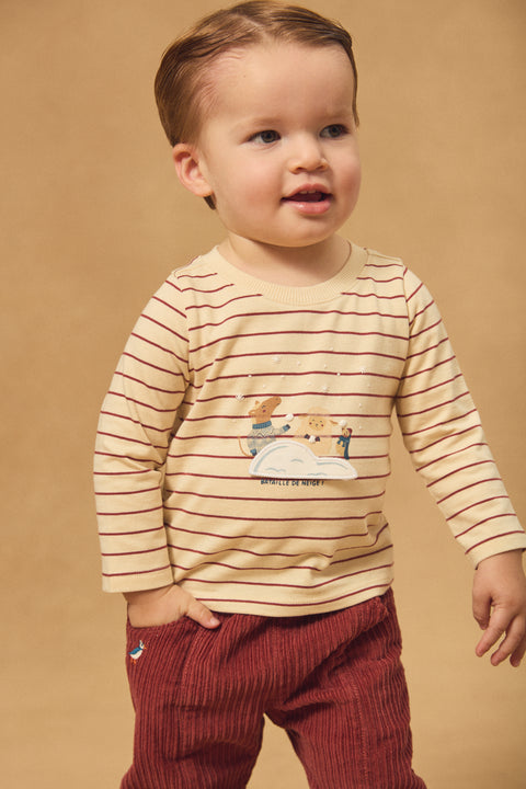 Cream & Brick Red Striped Cotton T-shirt