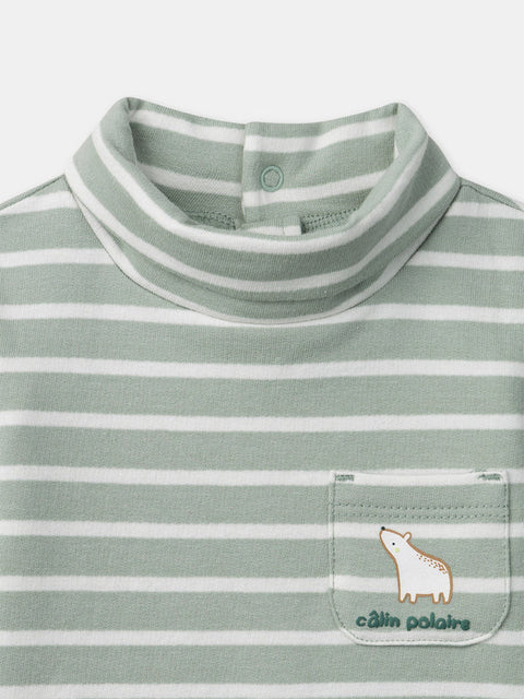 Green Striped Cotton Polo Neck