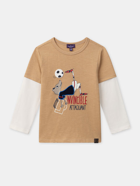Beige Double Sleeve Cotton T-shirt